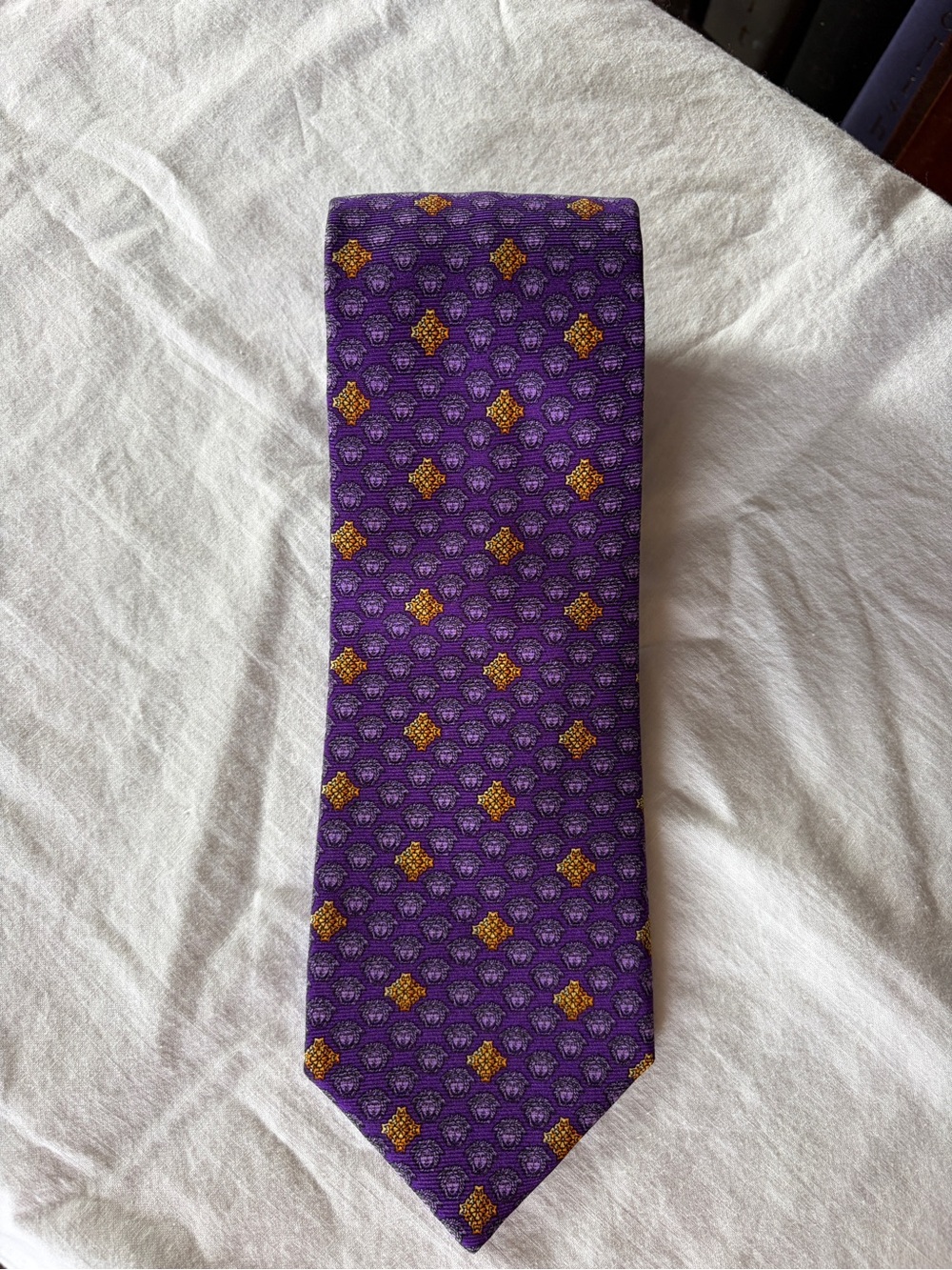 Vintage Versace Medusa Purple Silk Tie with Gold Dot Medallions